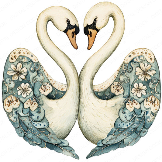 Folk Swans Forming Heart fussy cut sheet in US Letter format showing all 12 designs on one printable page