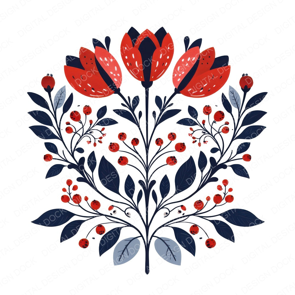 Folk Symmetrical Floral Bunch fussy cut sheet in US Letter format showing all 12 designs on one printable page