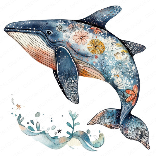 Folk Whale with Waves fussy cut sheet in US Letter format showing all 12 designs on one printable page