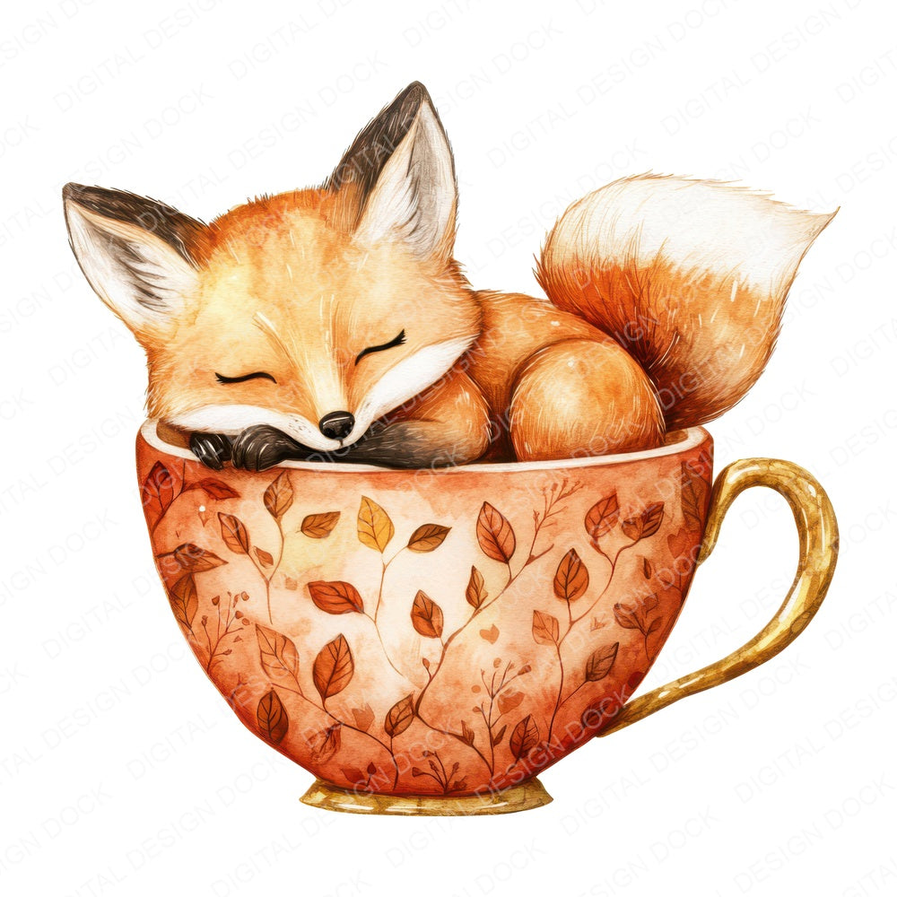 Fox in Autumn Teacup fussy cut sheet in US Letter format showing all 12 designs on one printable page