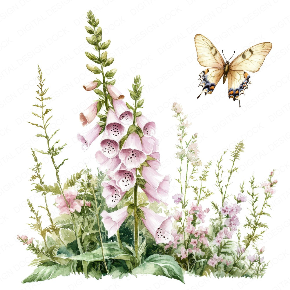 Foxgloves and Butterflies fussy cut sheet in US Letter format showing all 12 designs on one printable page
