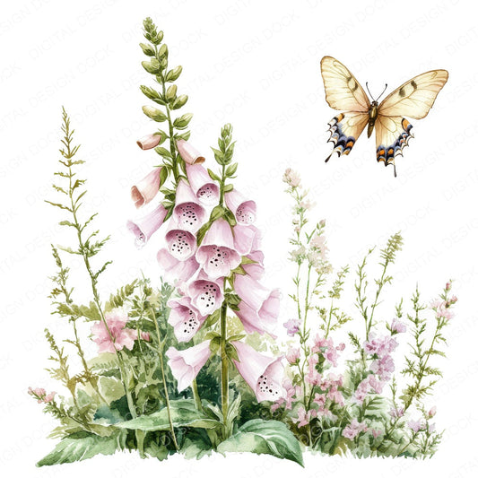 Foxgloves and Butterflies fussy cut sheet in US Letter format showing all 12 designs on one printable page