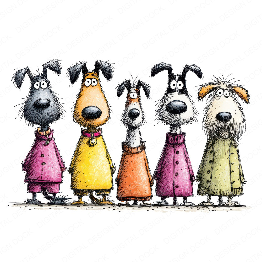 Funny Dog Line Up fussy cut sheet in US Letter format showing all 12 designs on one printable page