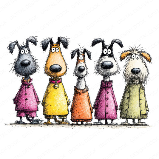 Funny Dog Line Up fussy cut sheet in US Letter format showing all 12 designs on one printable page