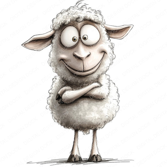 Funny Sheep Character fussy cut sheet in US Letter format showing all 12 designs on one printable page