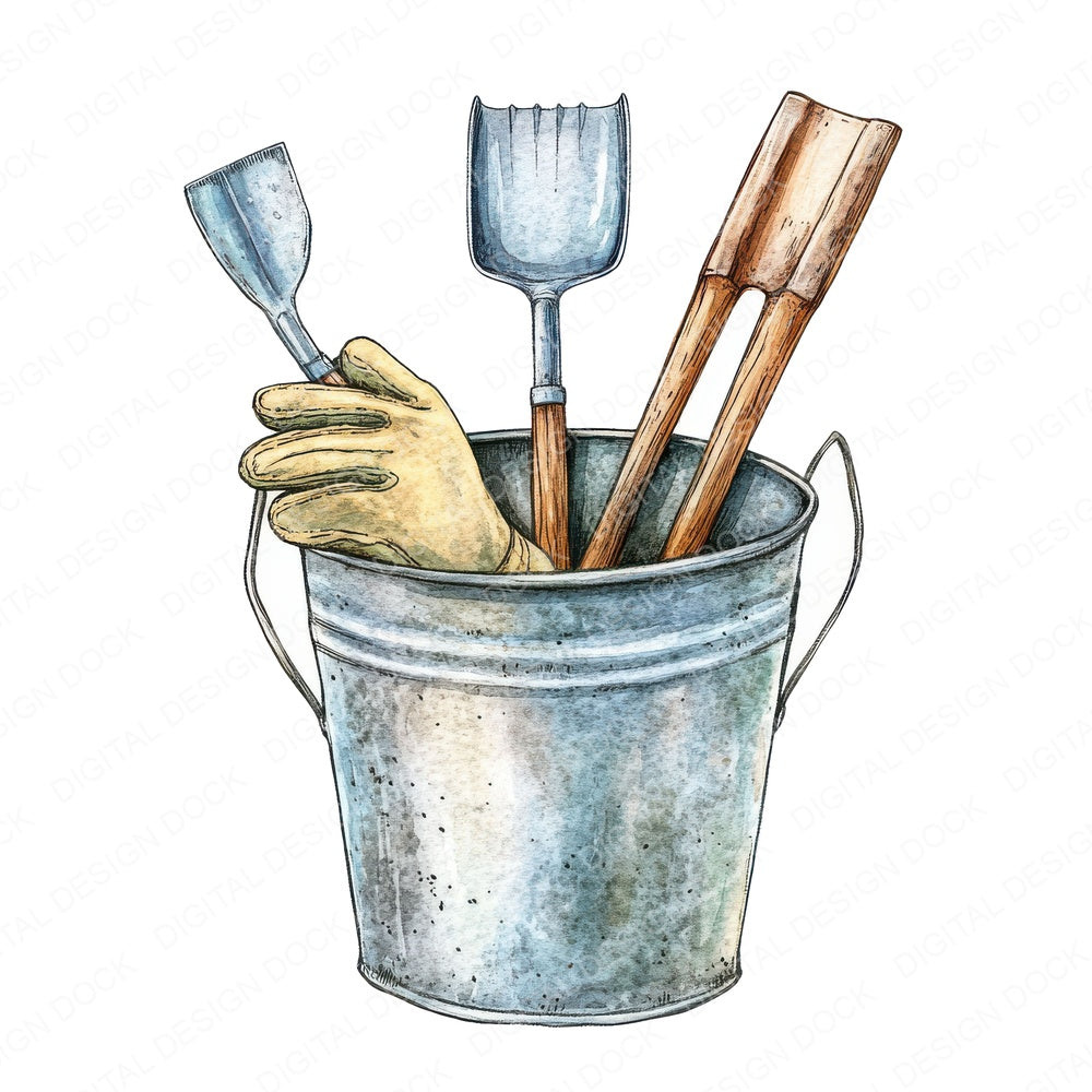 Garden Bucket with Tools fussy cut sheet in US Letter format showing all 12 designs on one printable page