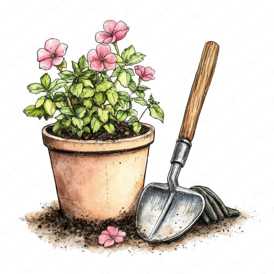 Garden Tools with Climbing Flowers fussy cut sheet in US Letter format showing all 12 designs on one printable page