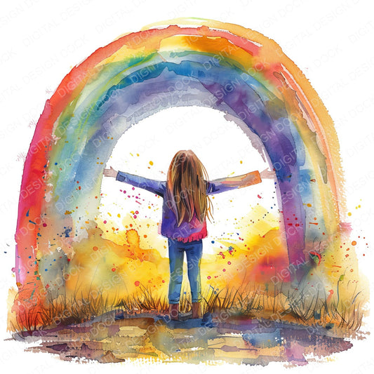 Girl Standing Under Rainbow fussy cut sheet in US Letter format showing all 12 designs on one printable page