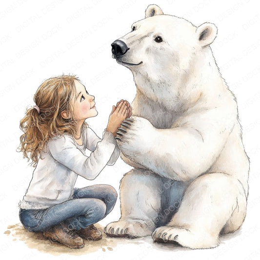 Girl and Polar Bear fussy cut sheet in US Letter format showing all 12 designs on one printable page