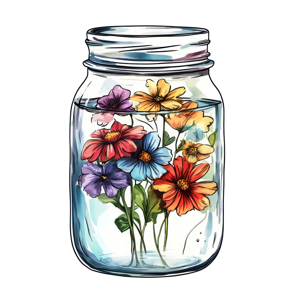 Glass Jar with Garden Flowers Clipart Set (DDD005714)