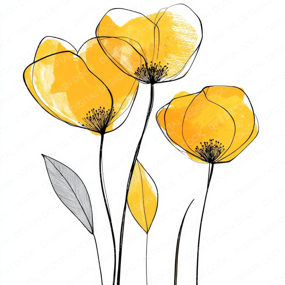 Golden Yellow Abstract Flowers fussy cut sheet in US Letter format showing all 12 designs on one printable page