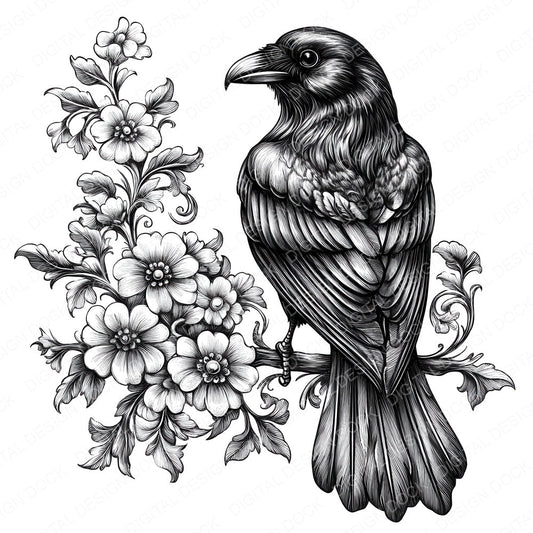 Gothic Raven Drawing fussy cut sheet in US Letter format showing all 12 designs on one printable page