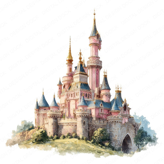 Grand Pink Castle fussy cut sheet in US Letter format showing all 12 designs on one printable page