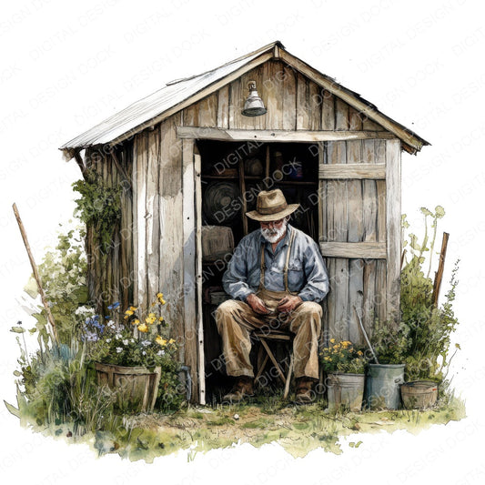 Grandad in Garden Shed fussy cut sheet in US Letter format showing all 12 designs on one printable page