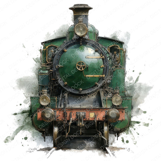 Green Steam Train fussy cut sheet in US Letter format showing all 12 designs on one printable page