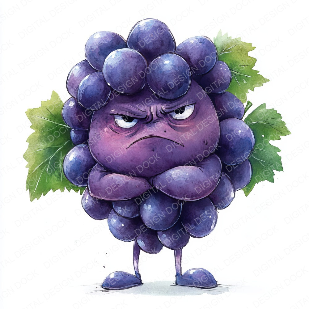 Grumpy Watercolour Grapes fussy cut sheet in US Letter format showing all 12 designs on one printable page