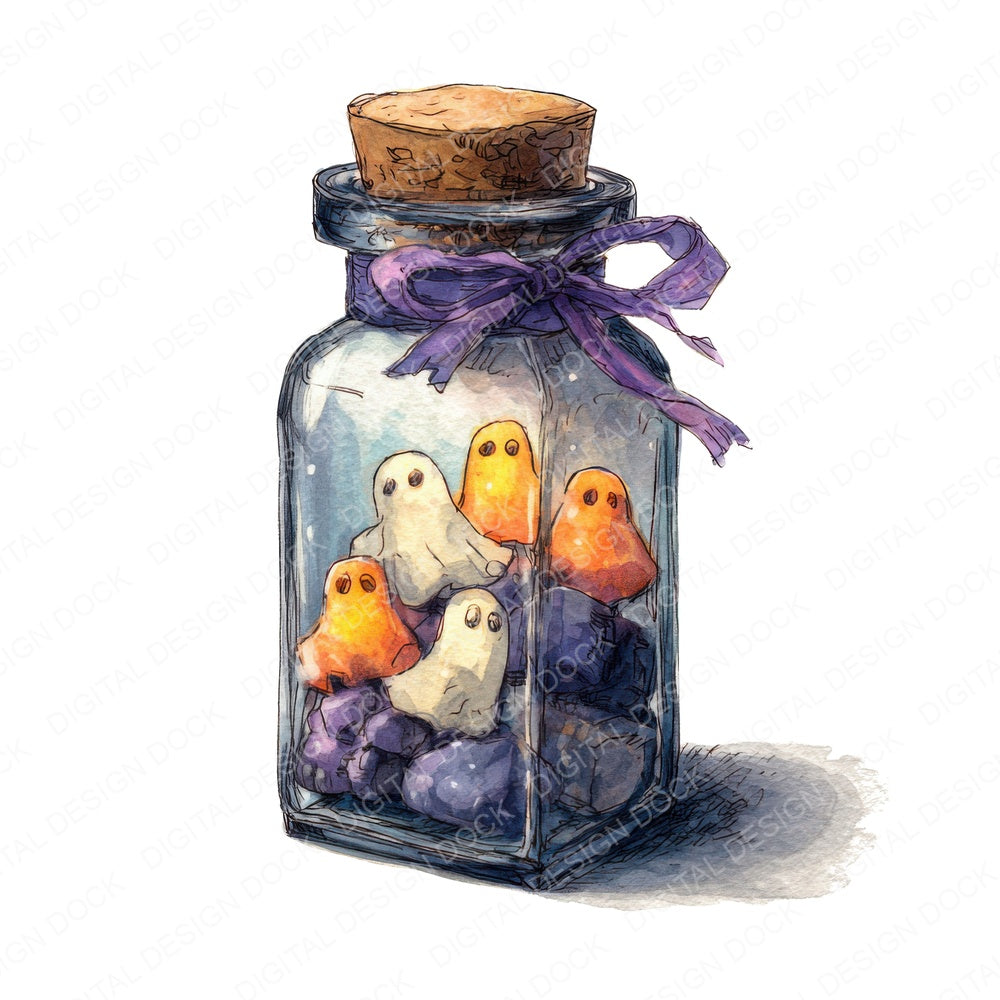 Halloween Jar with Ghost Lights fussy cut sheet in US Letter format showing all 12 designs on one printable page