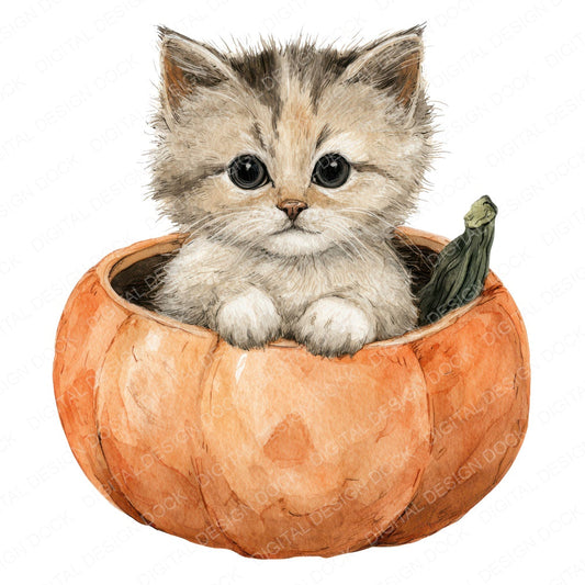 Halloween Watercolour Kitten Pumpkin fussy cut sheet in US Letter format showing all 12 designs on one printable page