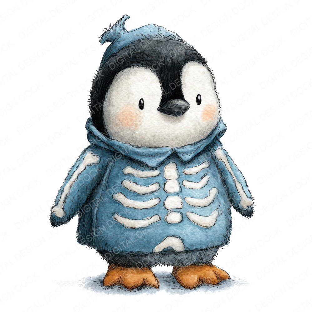 Halloween Watercolour Penguin Skeleton fussy cut sheet in US Letter format showing all 12 designs on one printable page