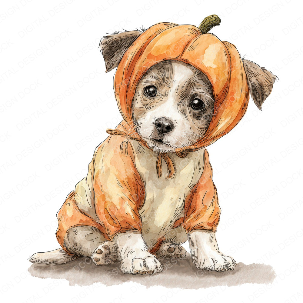 Halloween Watercolour Puppy Pumpkin fussy cut sheet in US Letter format showing all 12 designs on one printable page