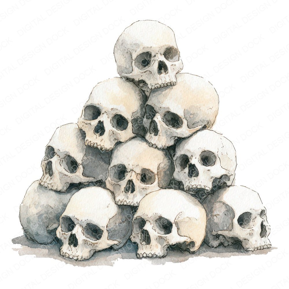 Halloween Watercolour Skull Pile fussy cut sheet in US Letter format showing all 12 designs on one printable page