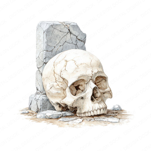 Halloween Watercolour Skull Tombstone fussy cut sheet in US Letter format showing all 12 designs on one printable page
