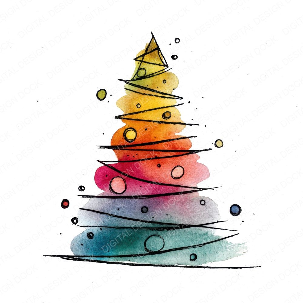 Hand Drawn Rainbow Christmas Tree fussy cut sheet in US Letter format showing all 12 designs on one printable page