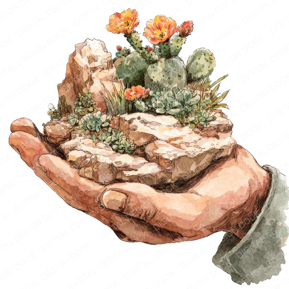 Hand with Desert Rockery fussy cut sheet in US Letter format showing all 12 designs on one printable page