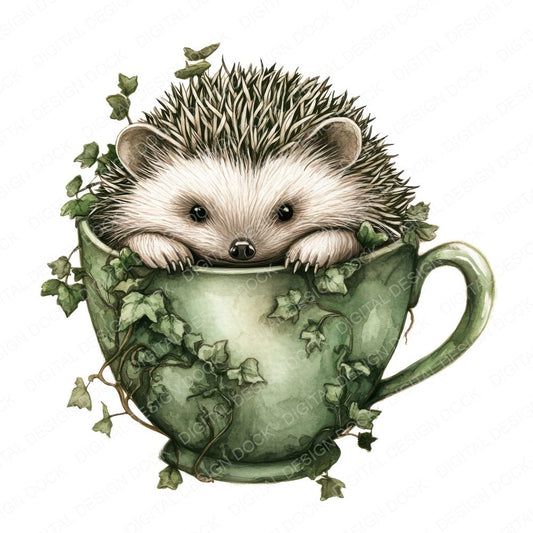 Hedgehog in Ivy Teacup Clipart Set (DDD005829)