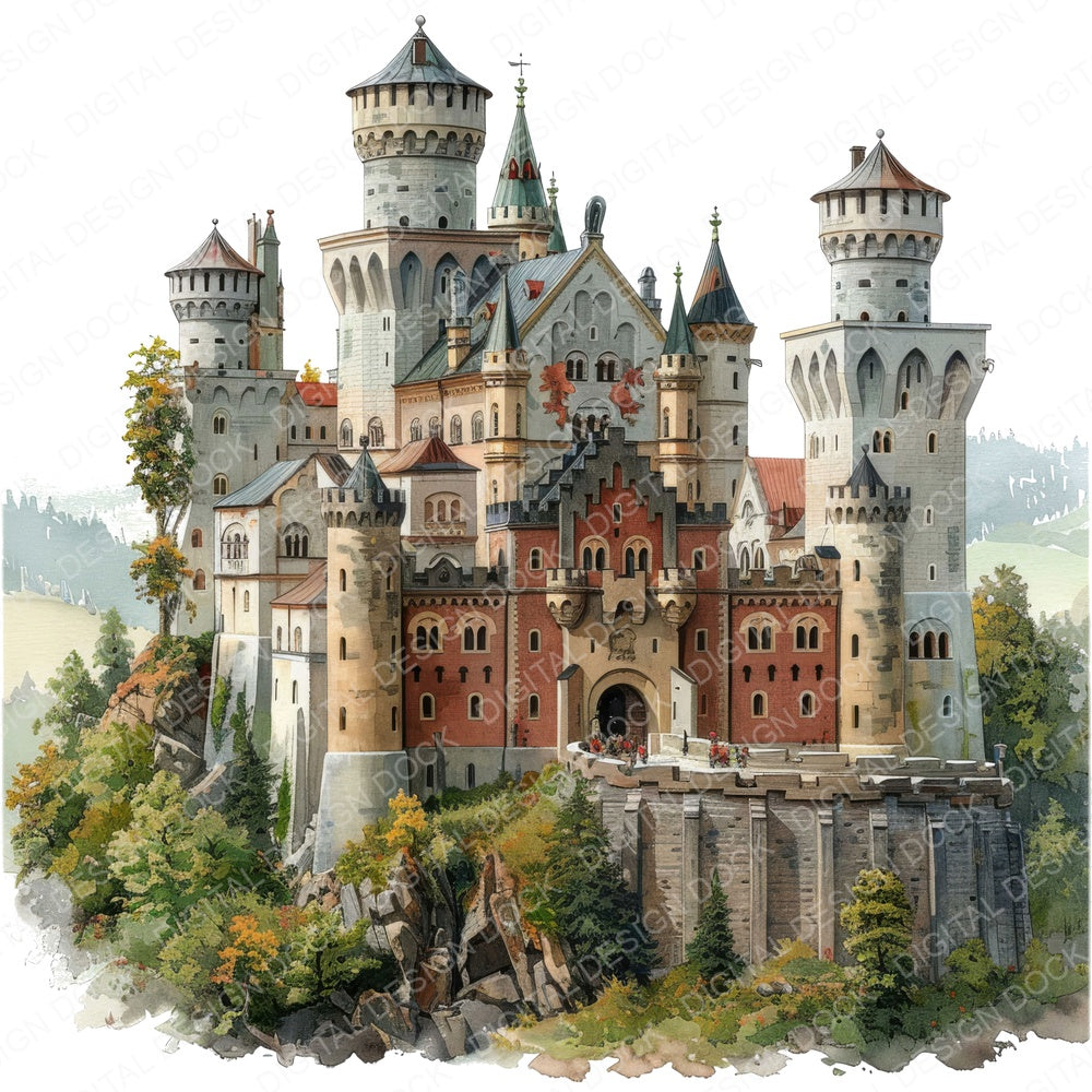 Historic Castle Hillside Germany fussy cut sheet in US Letter format showing all 12 designs on one printable page