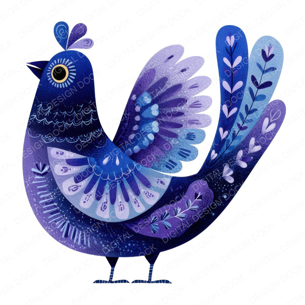 Indigo Folk Art Bird fussy cut sheet in US Letter format showing all 12 designs on one printable page