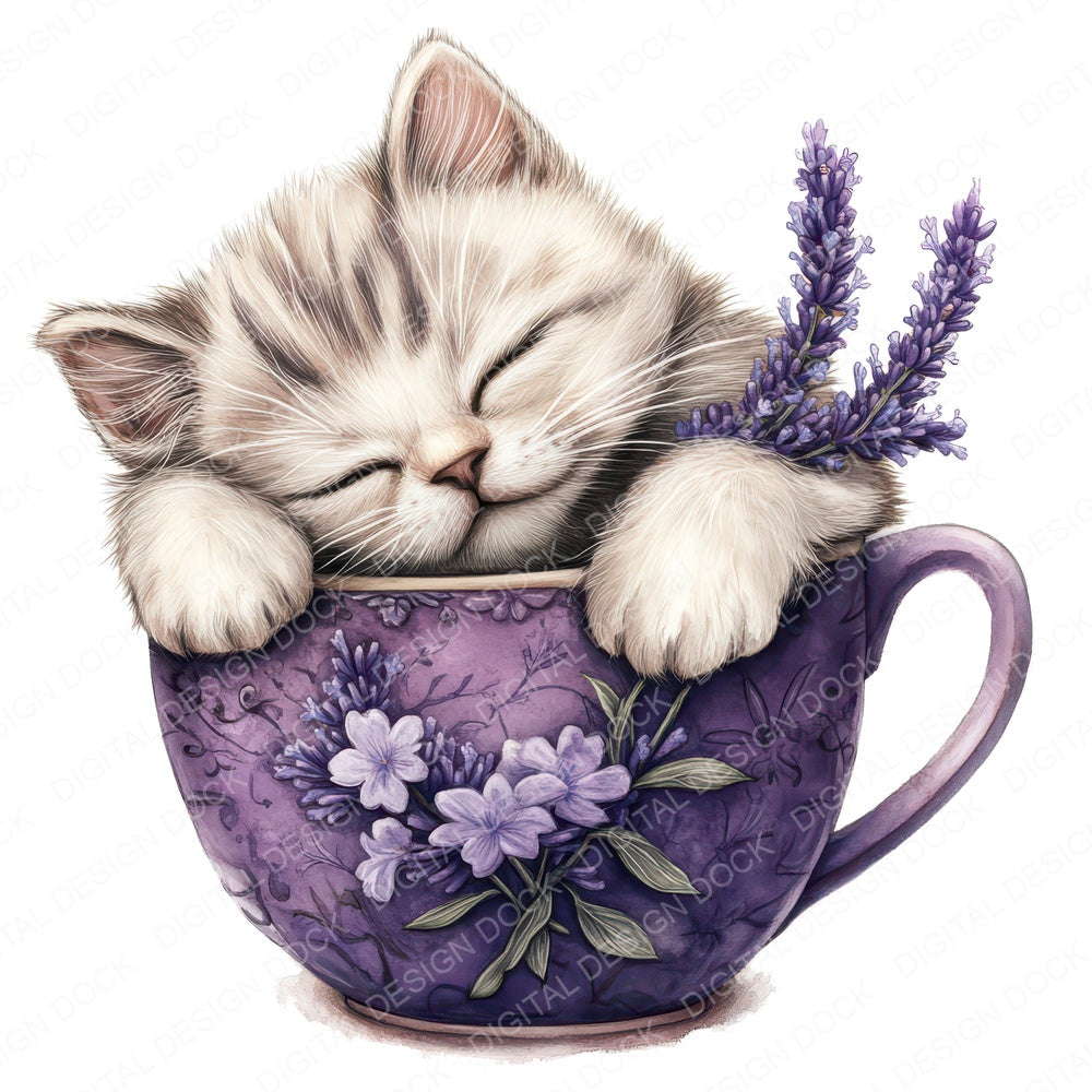 Kitten in Lavender Teacup fussy cut sheet in US Letter format showing all 12 designs on one printable page