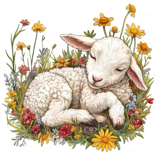 Lamb Sleeping in Flowers fussy cut sheet in US Letter format showing all 12 designs on one printable page