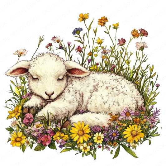Lamb Sleeping in Wildflowers fussy cut sheet in US Letter format showing all 12 designs on one printable page
