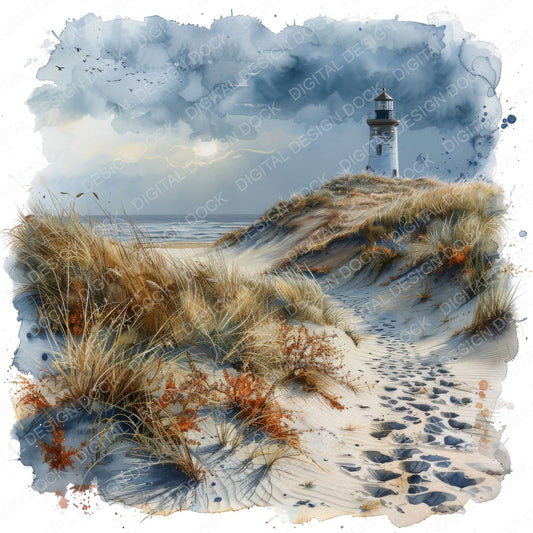 Lighthouse over the Sand Dunes fussy cut sheet in US Letter format showing all 12 designs on one printable page