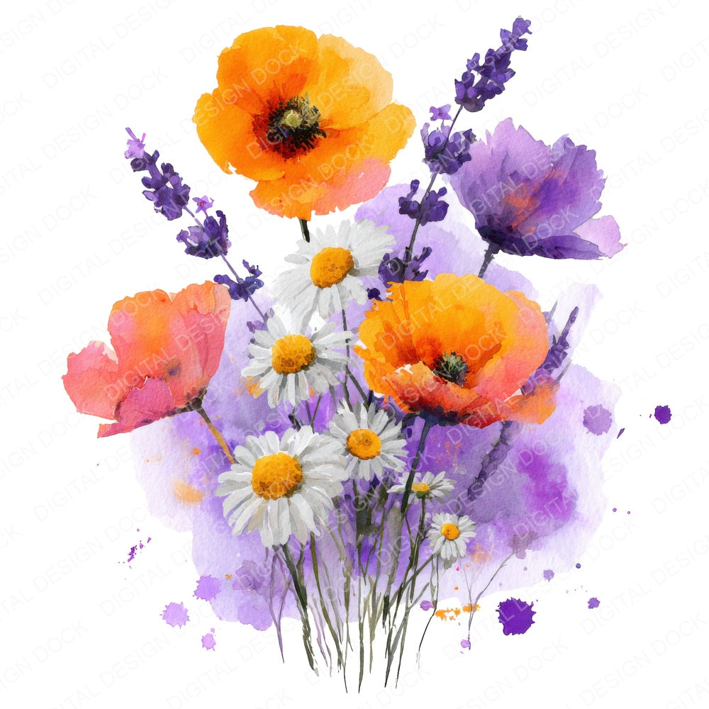 Loose Wildflower Watercolour Bouquet fussy cut sheet in US Letter format showing all 12 designs on one printable page