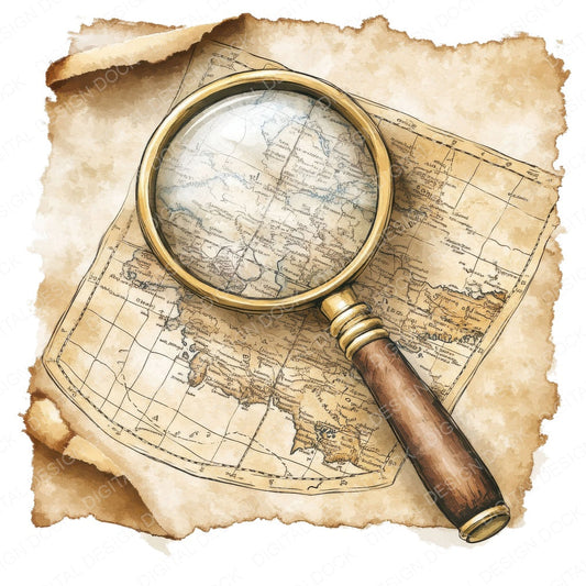 Magnifying Glass on Map B fussy cut sheet in US Letter format showing all 12 designs on one printable page