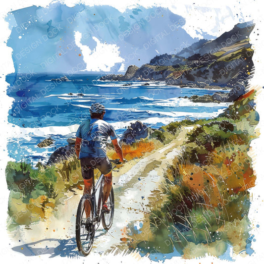 Man Riding Bicycle Coastal Path fussy cut sheet in US Letter format showing all 12 designs on one printable page