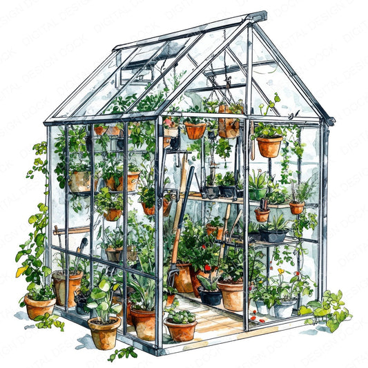 Mini Greenhouse Interior fussy cut sheet in US Letter format showing all 12 designs on one printable page