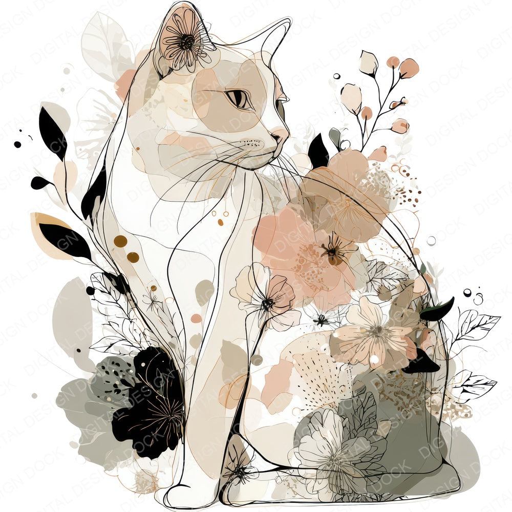 Minimal Floral Cat fussy cut sheet in US Letter format showing all 12 designs on one printable page