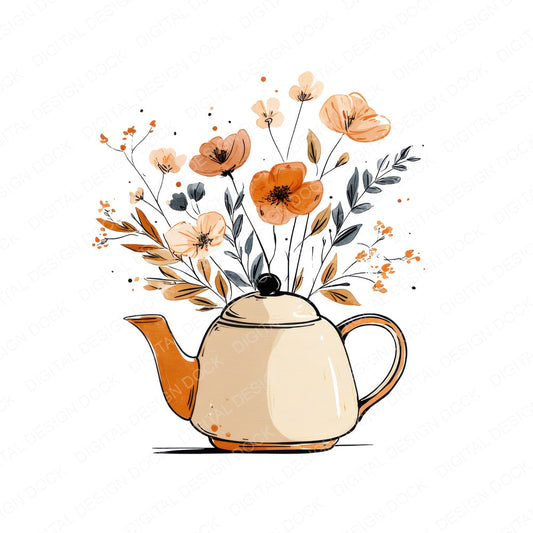 Minimal Floral Teapot fussy cut sheet in US Letter format showing all 12 designs on one printable page