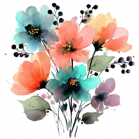 Modern Abstract Wildflower Bouquet fussy cut sheet in US Letter format showing all 12 designs on one printable page