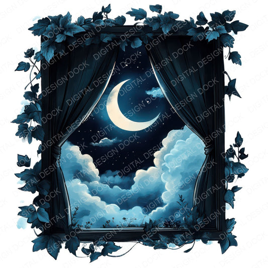 Moonlit Window with Vines fussy cut sheet in US Letter format showing all 12 designs on one printable page
