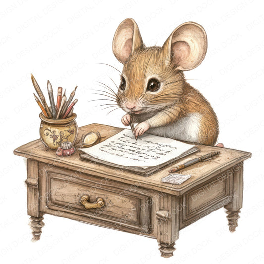 Mouse Writing at Desk fussy cut sheet in US Letter format showing all 12 designs on one printable page