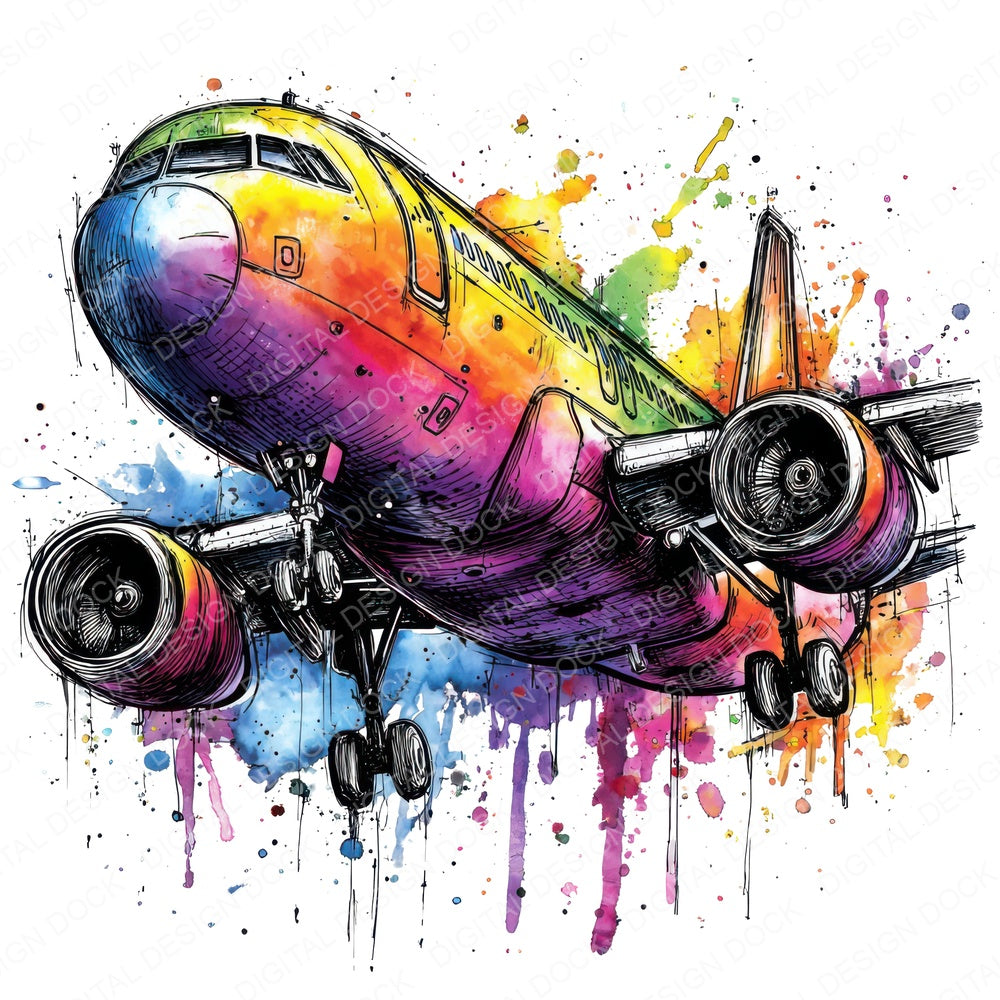 Neon Watercolour Airplane fussy cut sheet in US Letter format showing all 12 designs on one printable page