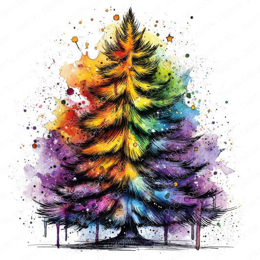 Neon Watercolour Christmas Tree fussy cut sheet in US Letter format showing all 12 designs on one printable page