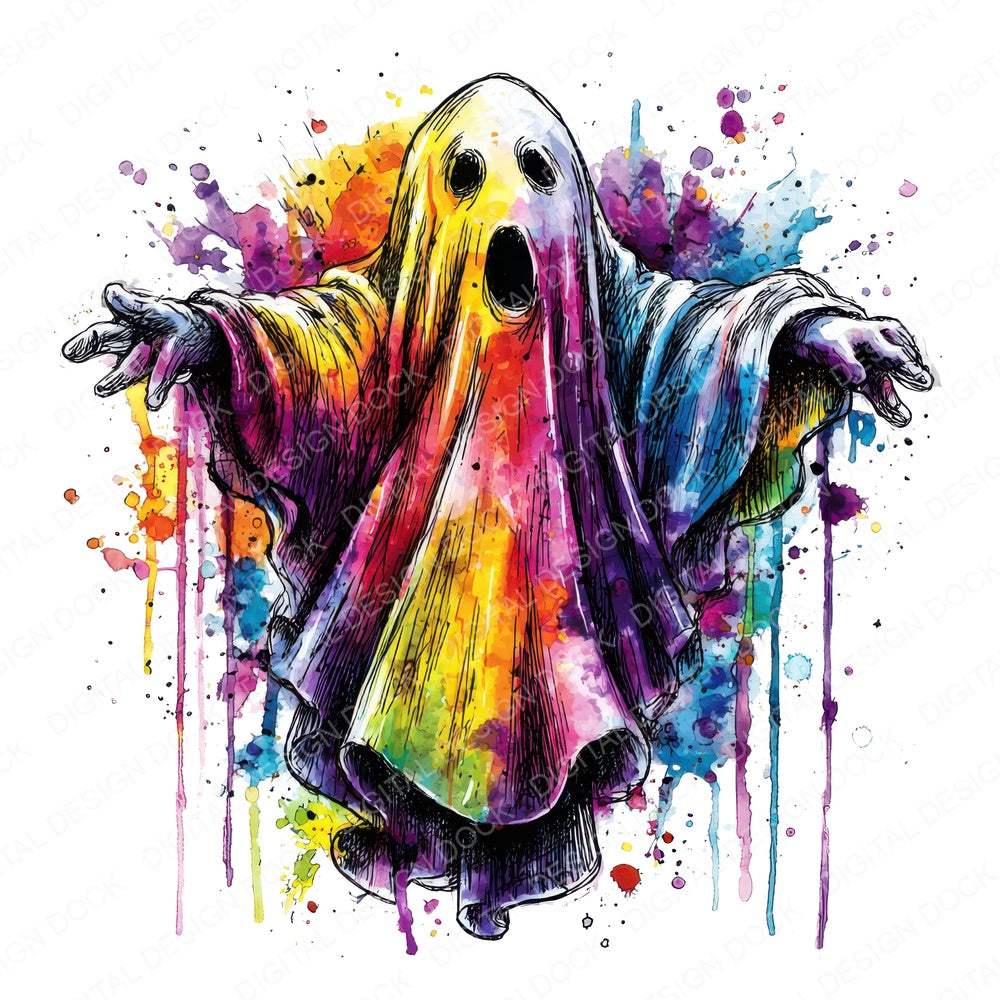 Neon Watercolour Ghost fussy cut sheet in US Letter format showing all 12 designs on one printable page