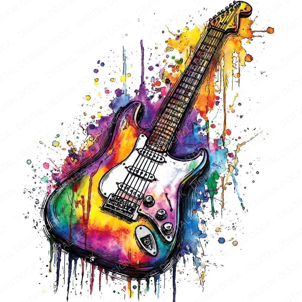 Neon Watercolour Guitar fussy cut sheet in US Letter format showing all 12 designs on one printable page
