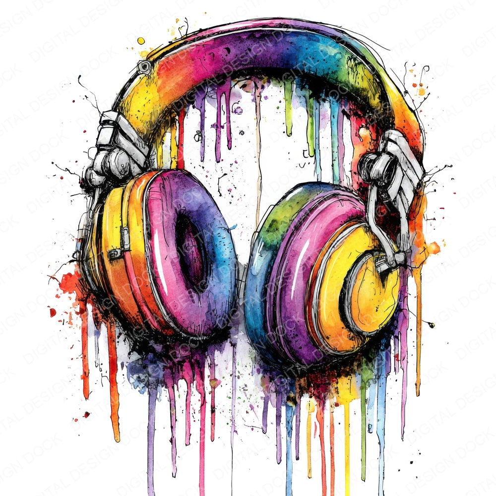 Neon Watercolour Headphones fussy cut sheet in US Letter format showing all 12 designs on one printable page