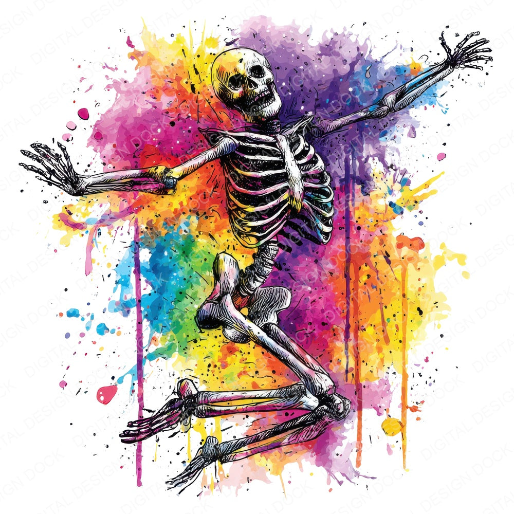 Neon Watercolour Skeleton fussy cut sheet in US Letter format showing all 12 designs on one printable page
